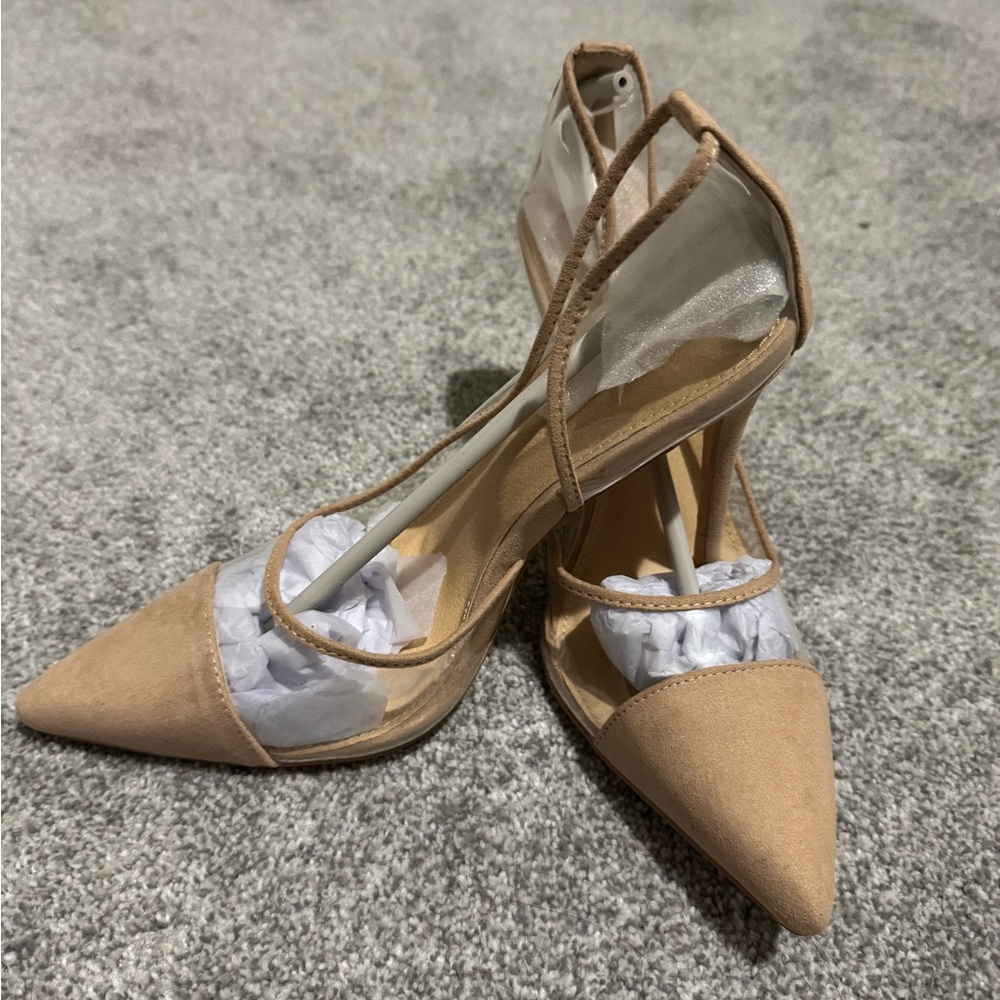 Fashion Nova Tan High Heels with Metallic Strap